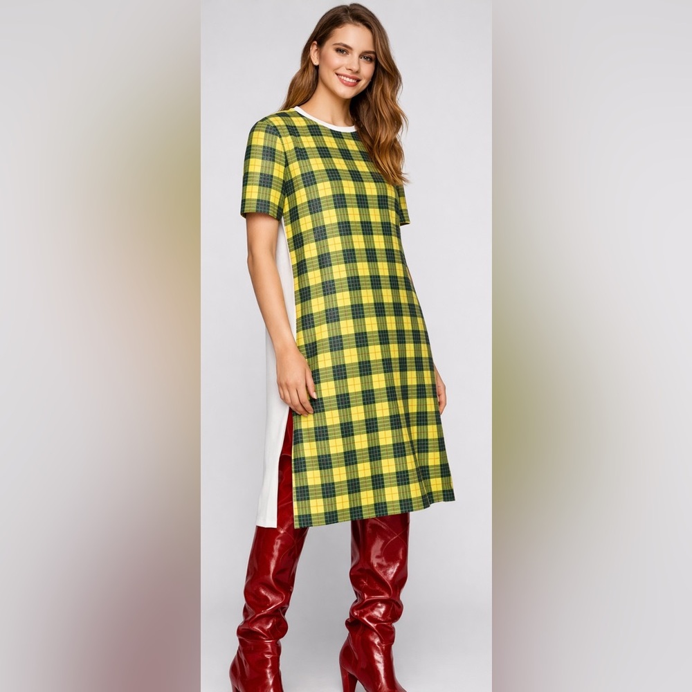 NWT ZARA Trafaluc Yellow Plaid Sequin Midi Dress Edgy Side Slit S‎